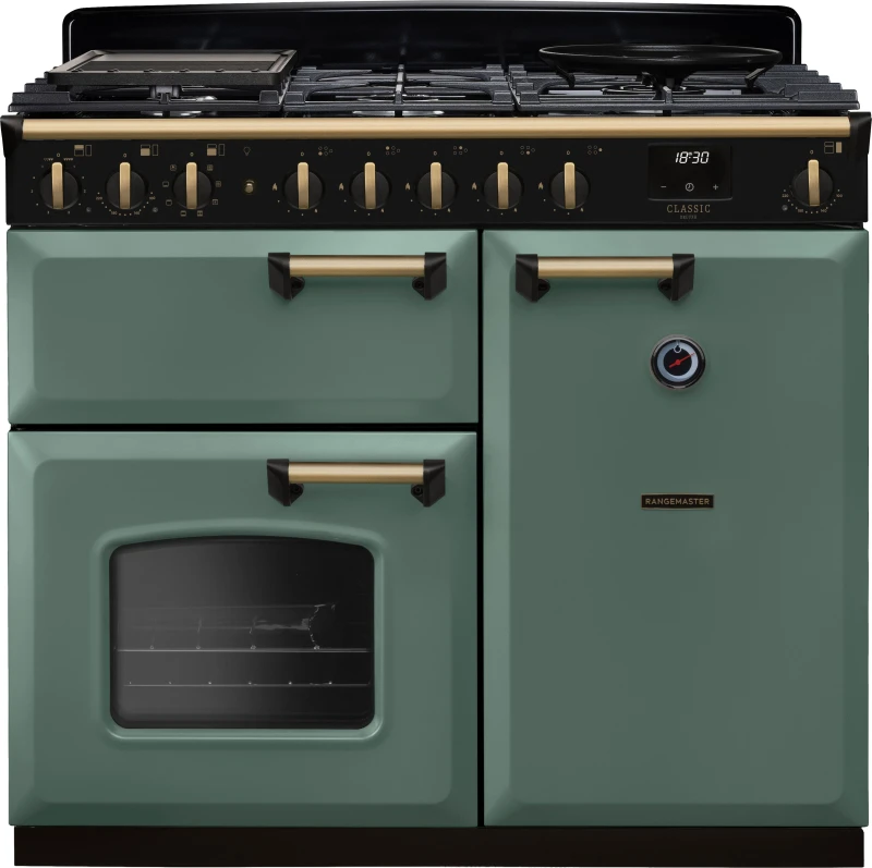 Image of Rangemaster Classic Deluxe 100 Dual Fuel CLDL100DFPMGR/AB1 100cm wide Dual Fuel Range Cooker with Gas Hob - Mineral Green / Antique Brass - A Rated