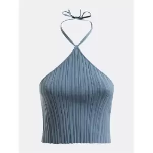 Image of Guess Ribbed Halterneck Crop Top - Blue