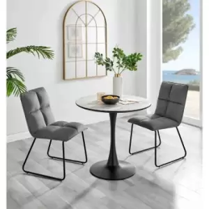 Image of Furniture Box Elina White Marble Effect Round Dining Table and 2 Dark Grey Menen Chairs