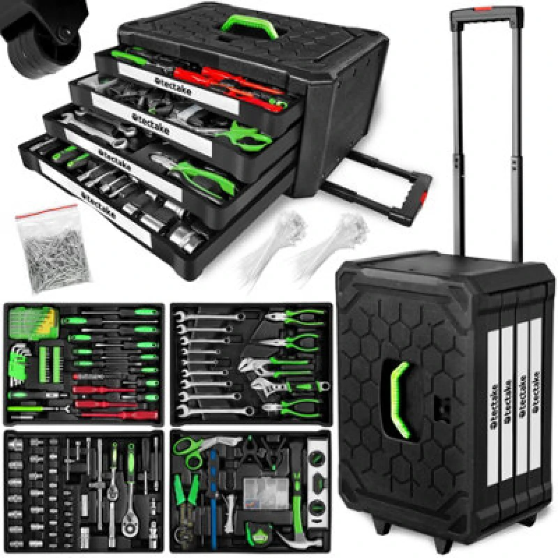 Image of Tectake Tool Box - 899 Piece Tool Set, Clear Arrangement On 4 Levels, With Wheels - Black