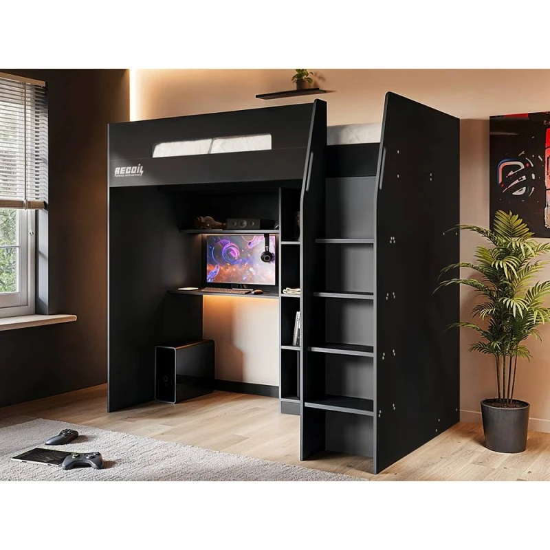 Image of Flair Summit Gaming High Sleeper with Wardrobe Black in Grey Size: Single Grey Unisex Single