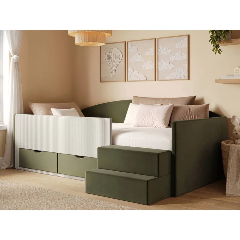 Image of Flair Elisa Velvet Storage Low Sleeper Bed with Beige Cord in Green Size: Single Green Unisex Single