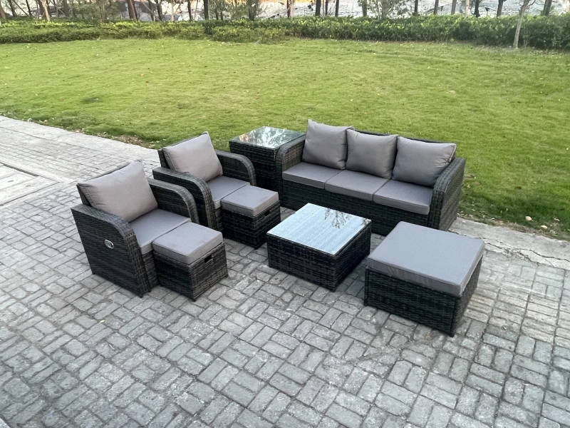 Image of Fimous Patio Garden Furniture Sets Wicker 8 Seater Outdoor Rattan Furniture Sofa Sets with Square Coffee Table Dark Grey
