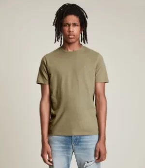 Image of AllSaints Mens Brace Crew T-Shirt, Dusty Olive Green, Size: L