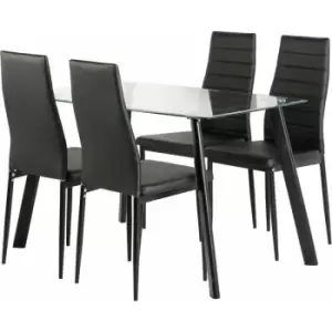 Image of Modern Glass Top Kitchen Dining Set with 4 chairs in Black Faux Leather
