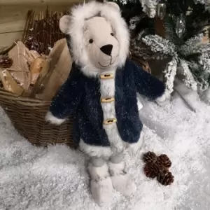 Image of 38cm Standing Plush Christmas Winter Polar Bear with Blue Coat and Fur Trim