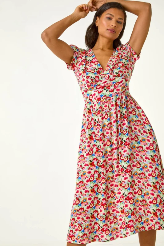 Image of Roman Womens Floral Print Tea Midi Dress in Red Size: 20 Red Female 20