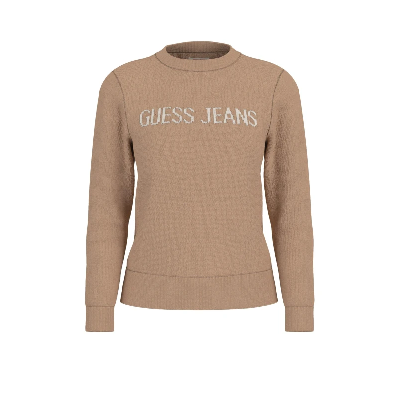 Image of Guess Womens Intarsia Knitted Crew Neck Jumper Brown Oatmeal female 8 (XS)