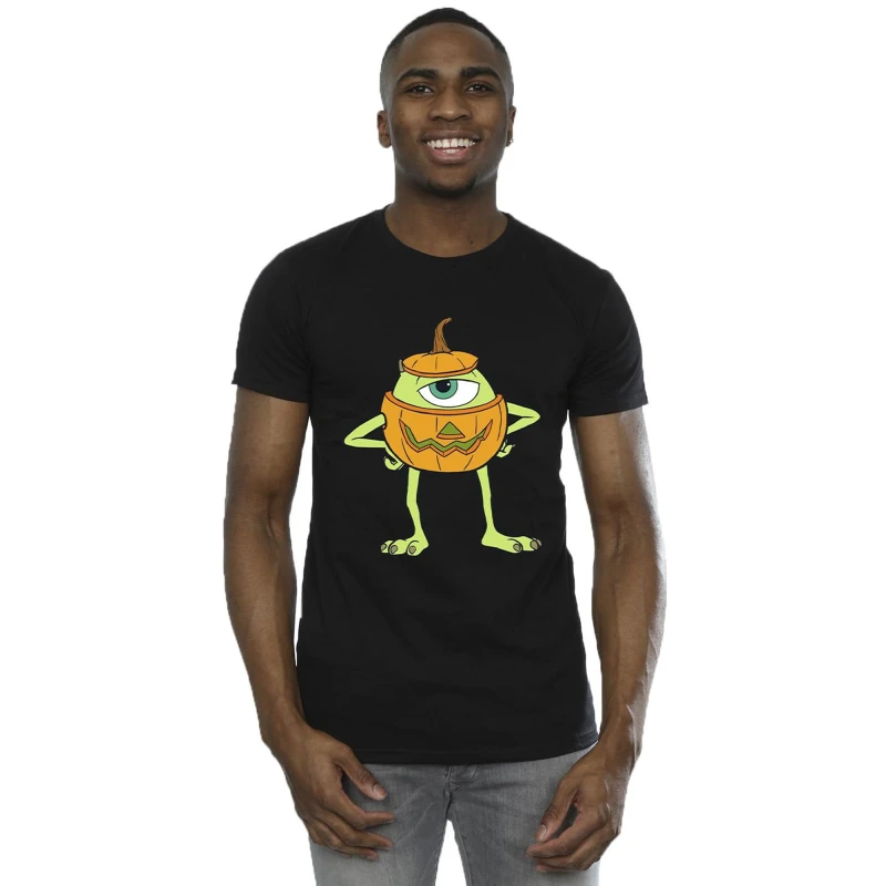 Image of Disney Men Mike Pumpkin Cotton Halloween T-Shirt in Black Size: Small Black S Male 5063376630078