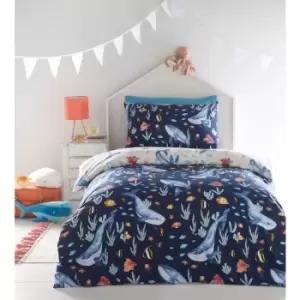 Image of Kids Club Sea Life Navy Blue Children's Sea Animals Reversible Double Duvet Cover Set - Blue