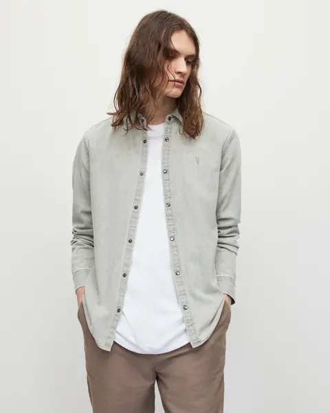 Image of AllSaints Gleason Long Sleeve Shirt - Grey, Size L, Men Grey VLZXF Male L