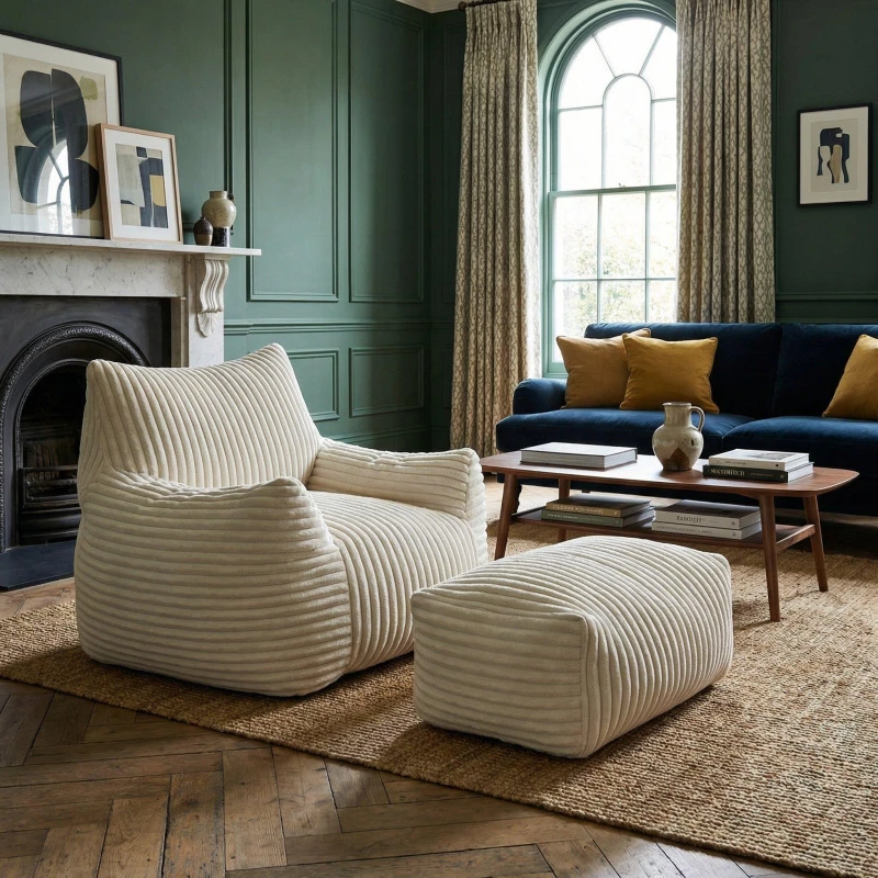 Image of Urban Meuble Corduroy Bean Bag Chair with Footrest Beige unisex One Size