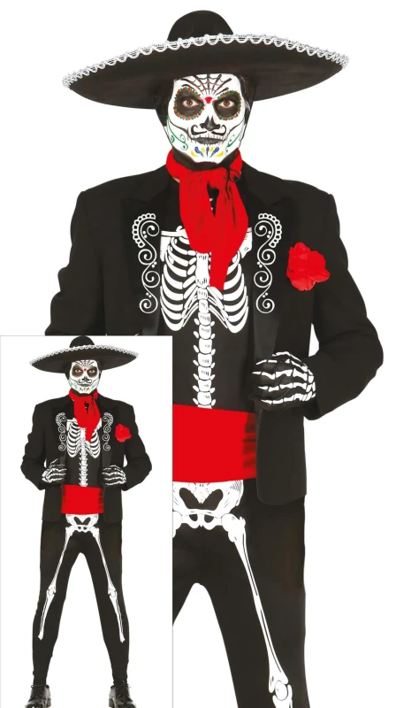 Image of Fiestas Guirca Fancy Dress Teen Mexican Skeleton in Black Size: 15-16 Years Black Unisex 15-16 Years