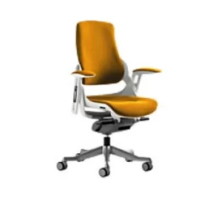 Image of Dynamic Synchro Tilt Executive Chair Height Adjustable Arms Zure Senna Yellow Seat, White Frame Without Headrest High Back