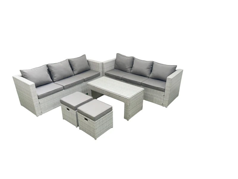 Image of Fimous 8 Seater Garden Outdoor Rattan Furniture Set Rattan Garden Sofa Oblong Coffee Table with 2 Small Footstool Light Grey Mixed Light Grey