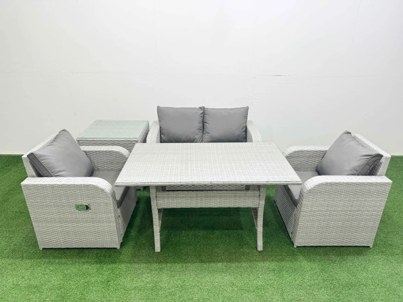 Image of Fimous Light Grey PE Wicker Rattan Garden Furniture Set Sofa Set Reclining Chair Rectangular Dining Table 4 Seater With Side Table Light Grey