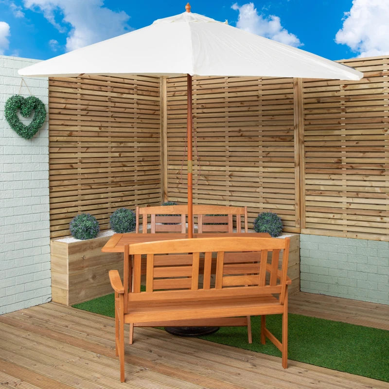 Image of Outdoor 4 Person Folding Rectangular Wooden Garden Dining Table Benches Cream Parasol and Base Set