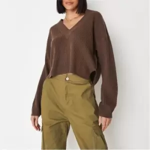 Image of Missguided V Neck Crop Jumper - Brown
