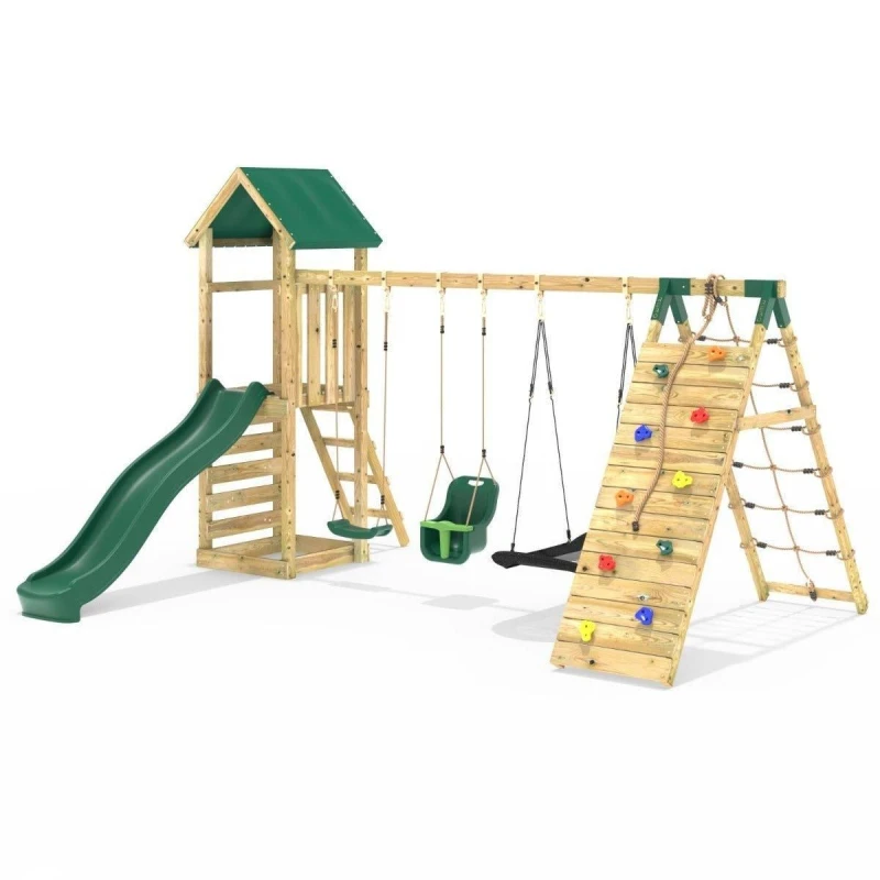 Image of Rebo Wooden Climbing Frame with Swing, Up-and-Over Climbing Wall and Slide - Sanford Green Green