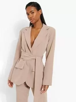 Image of Boohoo Tie Waist Tailored Blazer - Camel, Brown, Size 8, Women