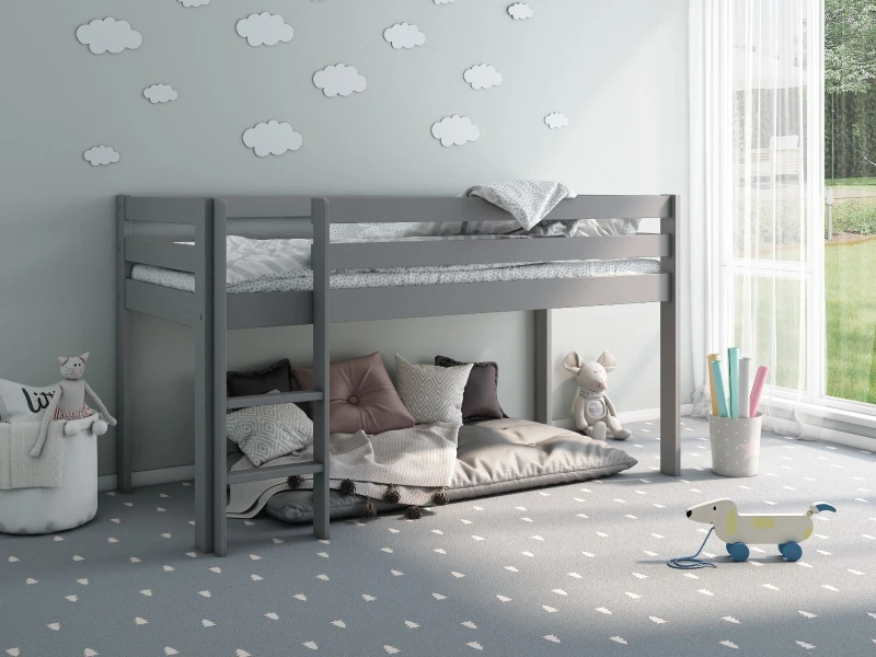 Image of Noomi Nora Solid Wood Mid Sleeper Bed in Grey Size: EU Single Grey Unisex EU Single