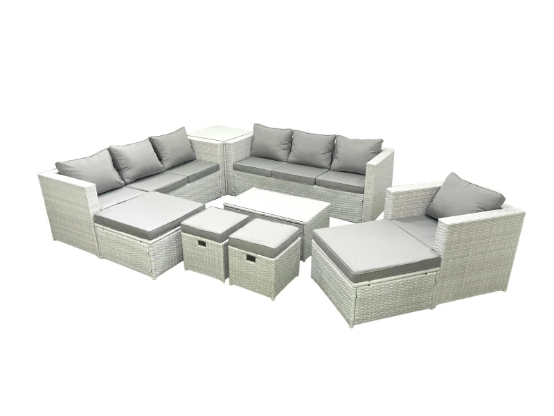 Image of Fimous Rattan Garden Furniture Set 9 Pieces Outdoor Garden Sofa Chair Coffee Table Set with Side Table 4 Footstools Light Grey Mixed Light Grey