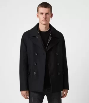 Image of AllSaints Mens Altair Wool Blend Peacoat, Black, Size: 38