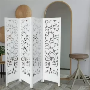 Image of Topfurnishing - 4 Panel Hand Carved Indian Stag Deer Screen Wooden Screen Room Divider 176x46cm per panel, wide open 184cm [White] - White