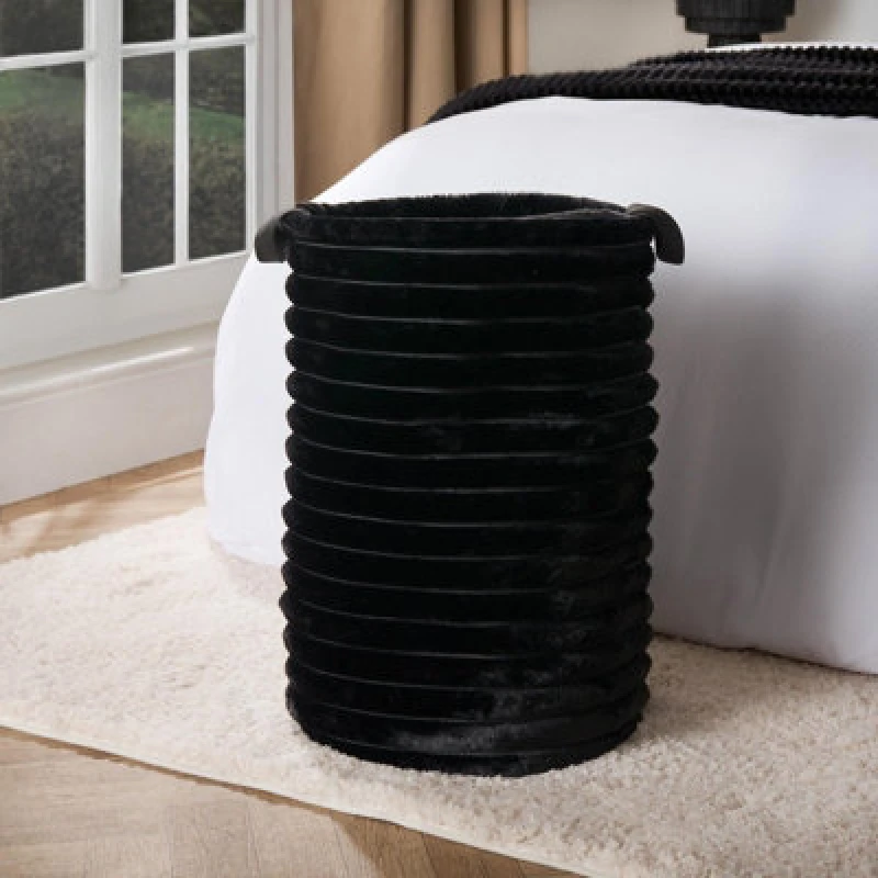 Image of OHS OHS Faux Fur Ribbed Laundry Basket Bag Folding Hamper with Handles in Black One Size Unisex 5027434225651