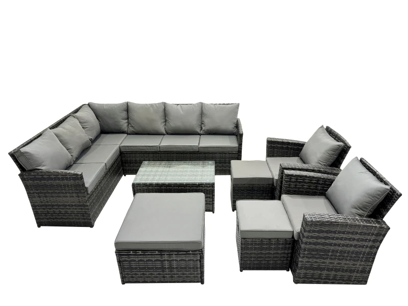Image of Fimous 11 Seat Outdoor Coffee Table Corner Sofa Set with 3 Stools 2 Chairs in Dark Grey Dark Grey Unisex