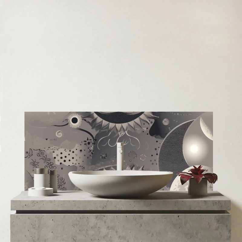 Image of Warren Reed - Designer Abstract Moon Shapes Glass Bathroom Splashback in Grey Grey Unisex