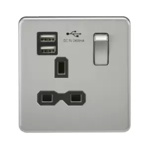 Image of Screwless 13A 1G switched socket with dual USB charger (2.4A) - brushed chrome with Black insert - Knightsbridge