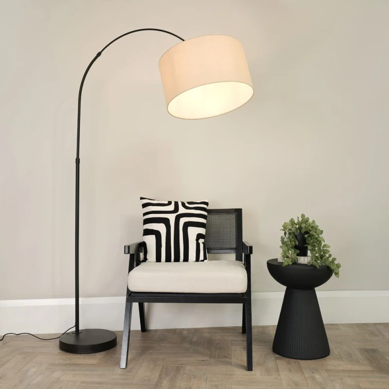 Image of ValueLights Louis Black Arched Curved Floor Lamp with Fabric Drum Lamp Shade and LED Bulb Natural