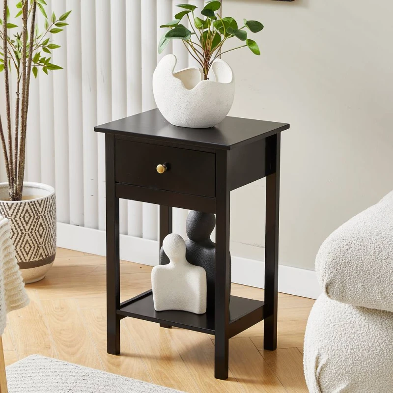 Image of MCC Direct Set of 2 Solid Wooden Bedside Table with Open Shelf & Drawer Arlo in Black Unisex