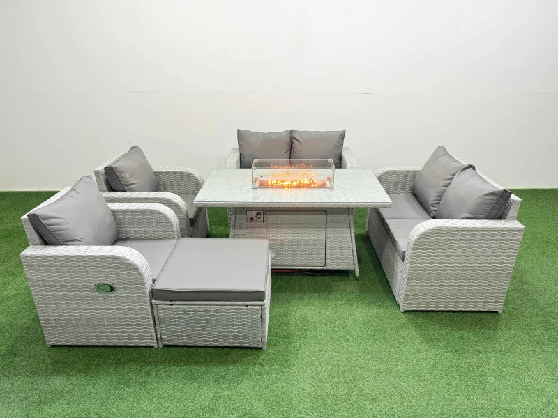 Image of Fimous 7 Seater Outdoor Reclining Chair Love Sofa Set Rattan Garden Furniture Set with Firepit Dining Table Footstool Light Grey Light Grey