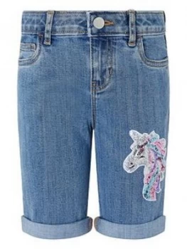 Image of Monsoon Girls Elouise Unicorn Sequin Denim Short - Blue