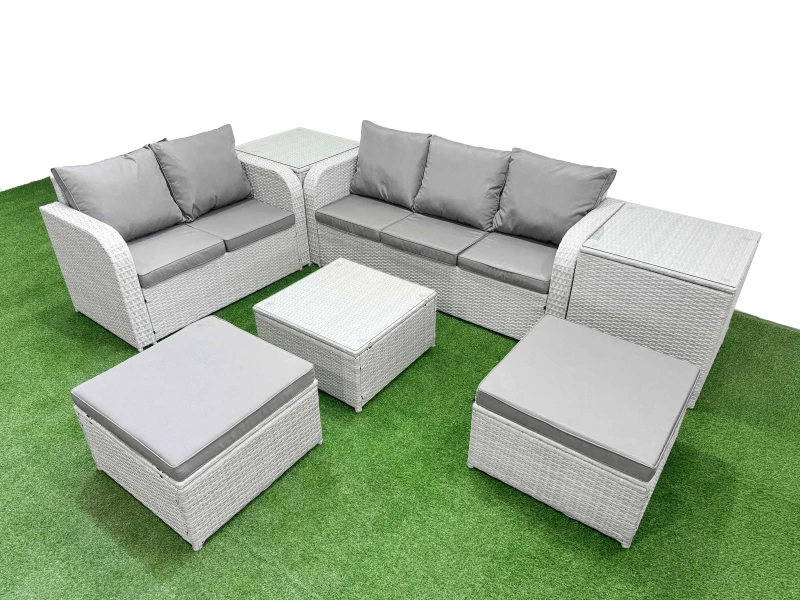Image of Fimous 7 Seater PE Rattan Wicker Garden Furniture Patio Conservatory Sofa Set with Square Coffee Table 3 Seater Sofa Love Sofa 2 Big Footstool 2 Side