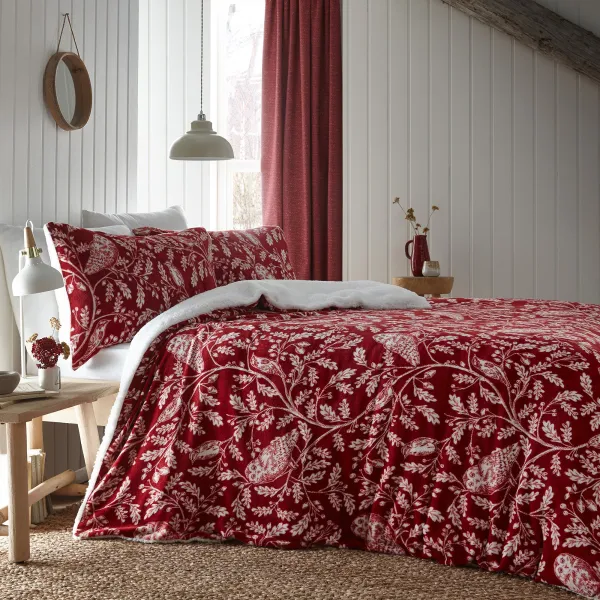 Image of Dreams and Drapes Lodge Woodland Owls Red Duvet Cover and Pillowcase Set Red