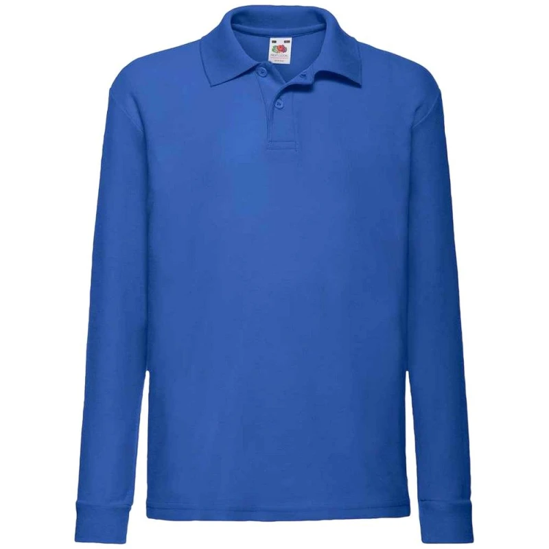 Image of Fruit of the Loom Long Sleeve Pique Polo Shirt in Blue Size: 12-13 Years Blue Unisex 12-13 Years