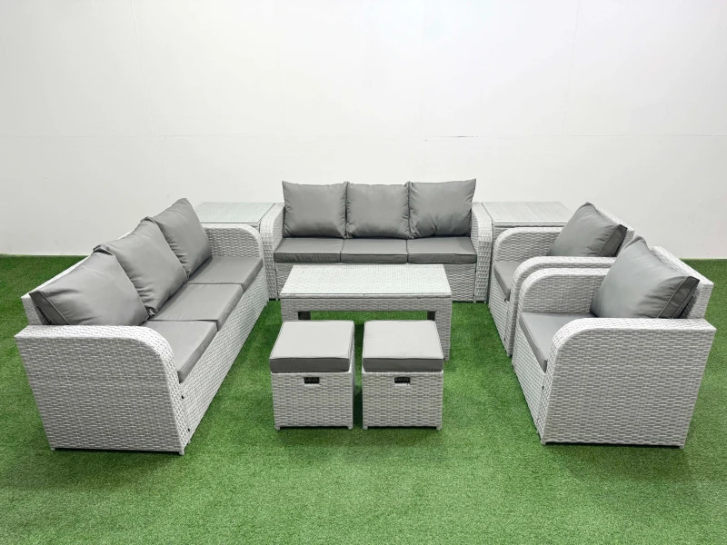 Image of Fimous PE Rattan High Back Lounge Sofa Set Patio Oblong Coffee Table & Chairs Set with 3 Seater Sofa Reclining Chair Stools 2 Side Table Light Grey Li