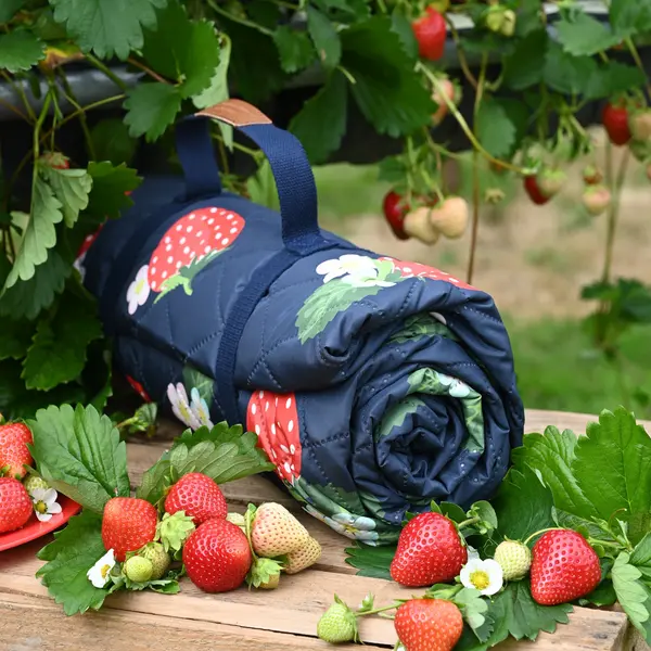 Image of Strawberries & Cream Extra-Large Family Sized Quilted Picnic Blanket with Carry Handle Navy