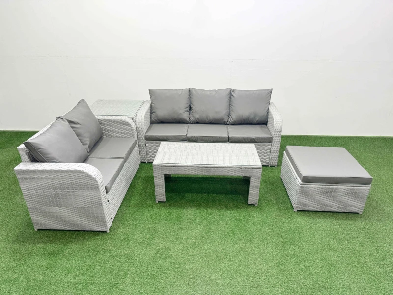 Image of Fimous 6 Seater PE Rattan Wicker Garden Furniture Patio Conservatory Sofa Set with Oblong Coffee Table 3 Seater Sofa Love Sofa Big Footstool Side Tabl