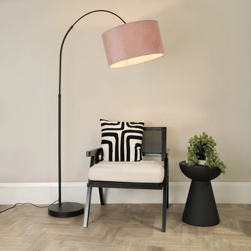 Image of ValueLights Louis Black Arched Curved Floor Lamp with Velvet Drum Lamp Shade and LED Bulb Pink