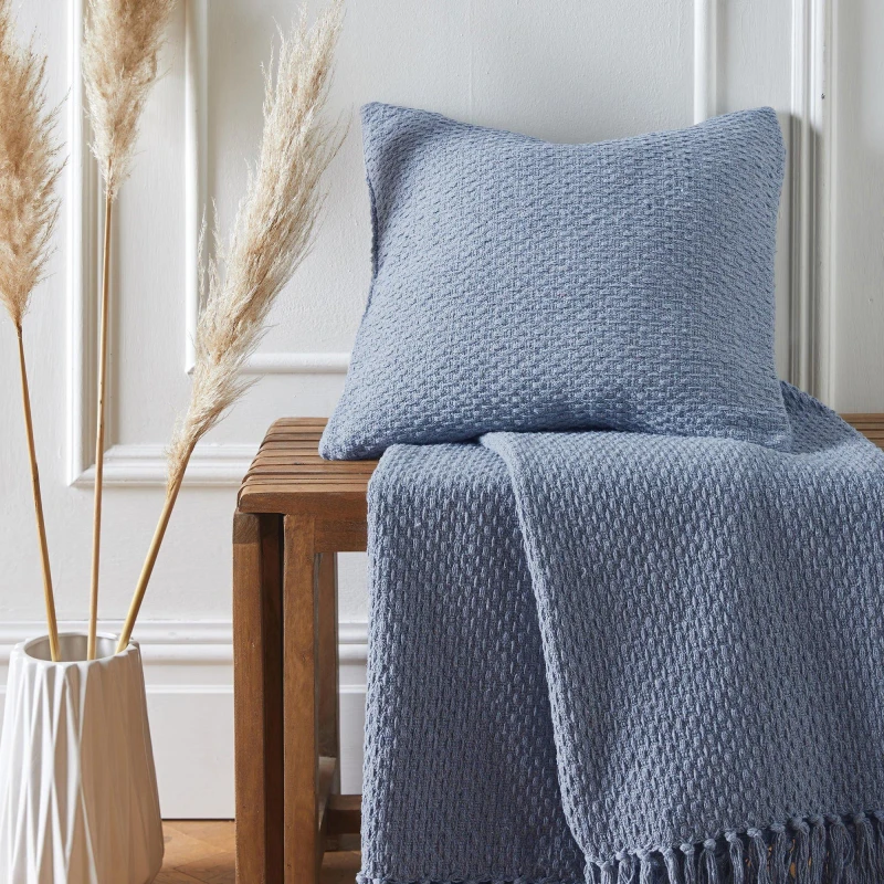 Image of Drift Home 'Hayden' Filled 100% Recycled Sustainable Cotton Basket Weave Cushion Blue
