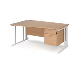 Image of Office Desk Left Hand Wave Desk 1600mm With Pedestal Beech Top With White Frame Maestro 25 MCM16WLP2WHB
