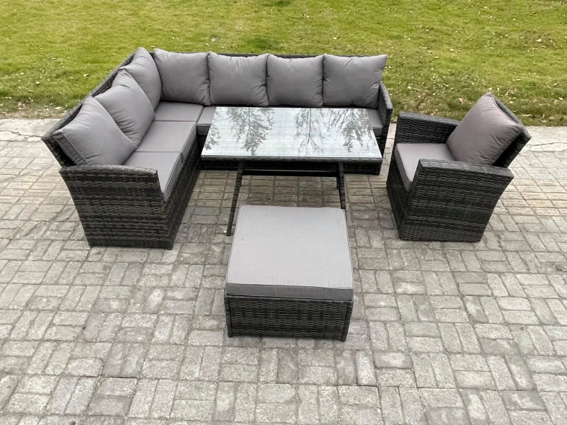 Image of Fimous Rattan Garden Furniture Corner Sofa Set with Dining Table Footstool Armchair Outdoor Wicker Rattan Set in Dark Grey Dark Grey Unisex