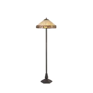 Image of 2 Light Octagonal Floor Lamp E27 With 40cm Tiffany Shade, Amber, Crystal, Aged Antique Brass