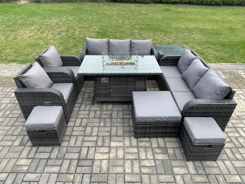 Image of Fimous Wicker Rattan Garden Furniture Set Gas Fire Pit Dining Table Indoor Outdoor with Side Tables Chair Loveseat Sofa Dark Grey