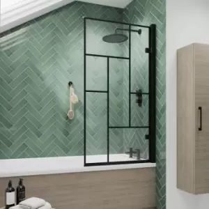 Image of Nuie - Abstract Matt Black Framed Hinged Bath Screen 1520mm h x 830mm w - 8mm Glass