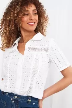 Image of Classic White Broderie Detail Short Sleeve Button Down Collared Blouse